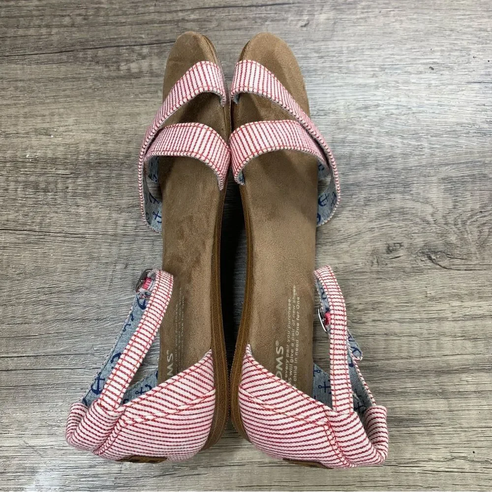 TOMS~Girls~”Correa”~ Red/White PinStripe Flat Open Toe Sandals~Size 4‎
